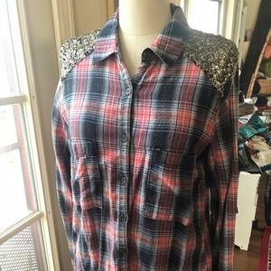 Free People Plaid Sequin Yolk Button Down